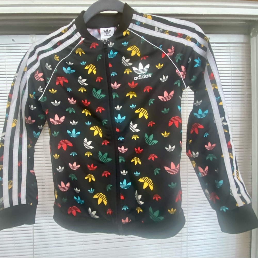 Adidas Kid funky sweatshirt Zip up. Black with multi Colored Adidas Logos.